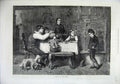 Original Old Antique Print Fine Art 1871 School Boy Home Dinner Table Dog 19th