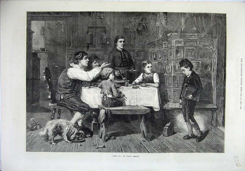 Original Old Antique Print Fine Art 1871 School Boy Home Dinner Table Dog 19th