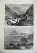 Old Antique Print 1871 Mont Cenis Railway Dora Valley Oulx Train Bridge 19th