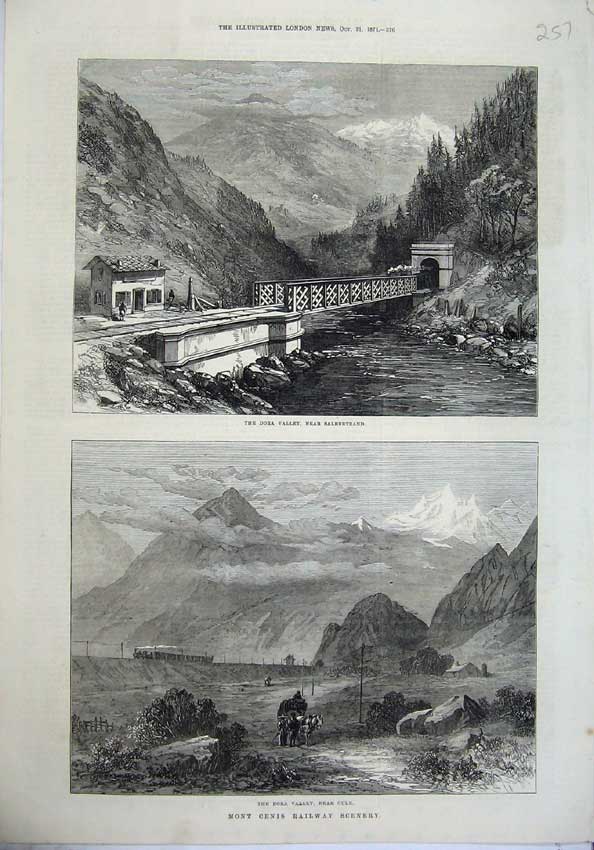 Old Antique Print 1871 Mont Cenis Railway Dora Valley Oulx Train Bridge 19th