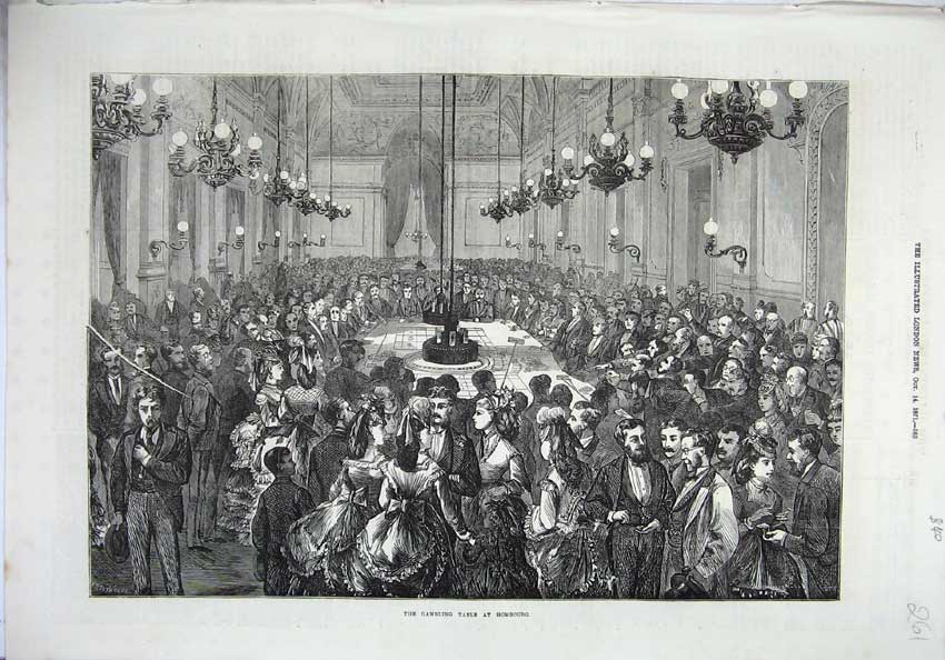 Old Antique Print 1871 Fine Art Gambling Table Hombourg Men Women Cards 19th