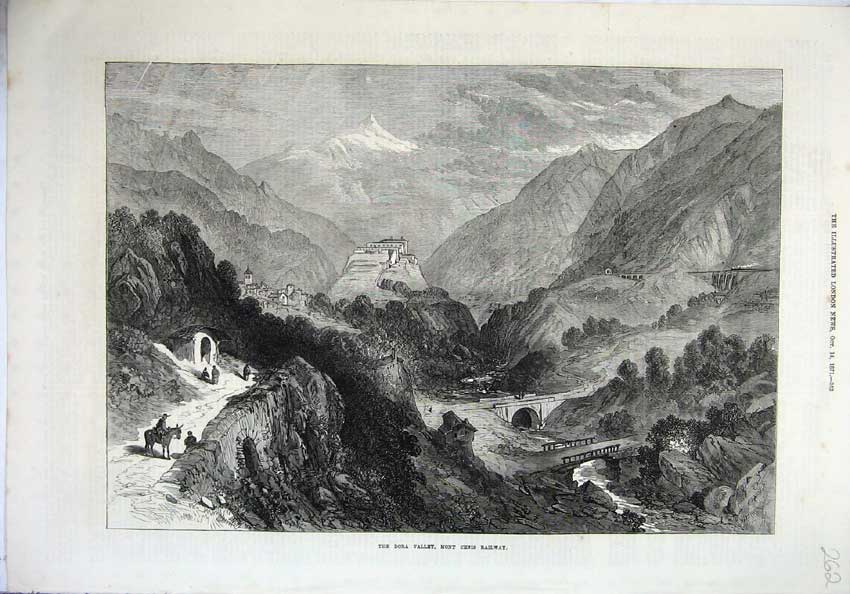 Old Antique Print 1871 Mont Cenis Railway Dora Valley Train Mountains Art 19th
