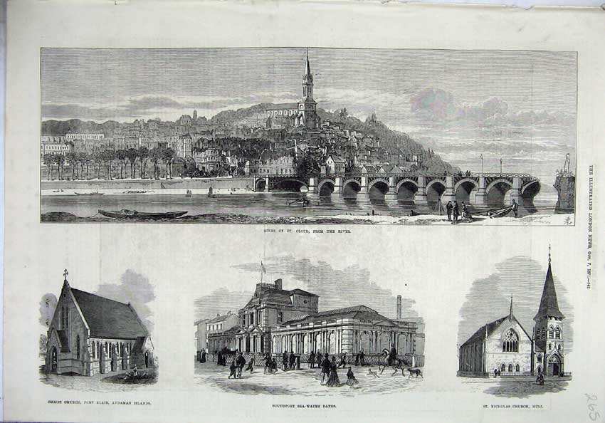 Old Antique Print 1871 Ruins St Cloud River Southport Church Hull Andaman 19th