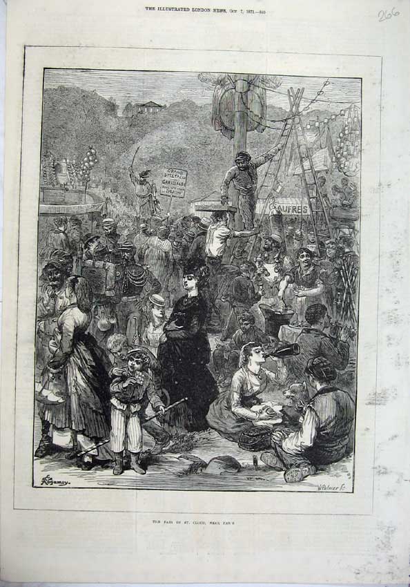 Original Old Antique Print 1871 Fine Art Scene Fair St Cloud Paris France 19th
