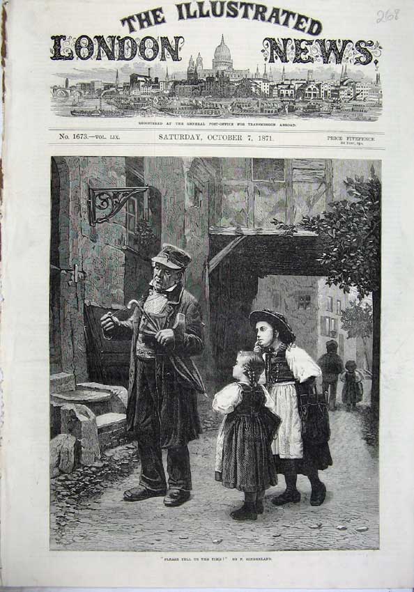 Original Old Antique Print 1871 Fine Art Children Street Asking Man Time 19th