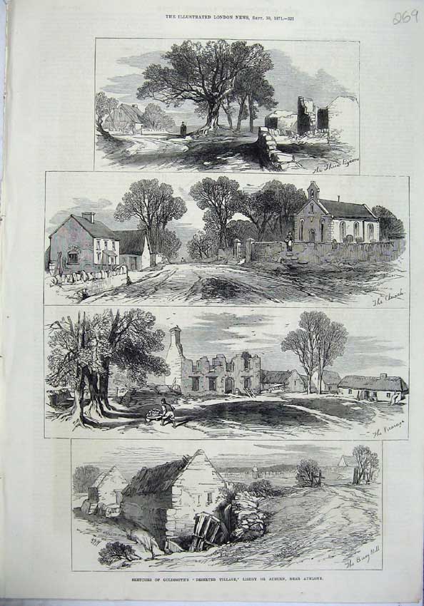 Original Old Antique Print 1871 Gsmith'S Deserted Village Lishoy Auburn Athlone