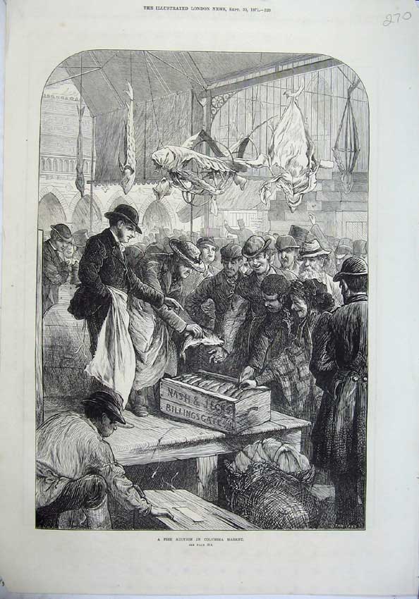 Original Old Antique Print 1871 Fish Auction Sale Columbia Market Stainland