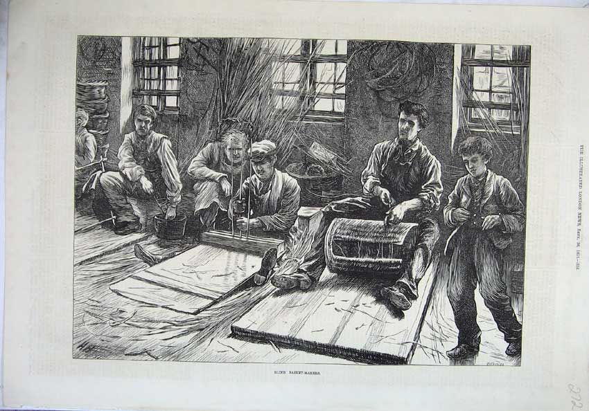 Original Old Antique Print 1871 Scene Blind Basket Makers Men Working Victorian