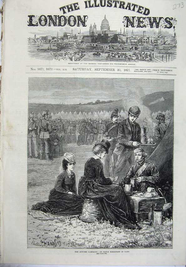 Old Antique Print 1871 Autumn War Campaign Breakfast Camp Army Tents Art 19th