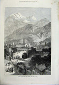 Original Old Antique Print 1871 Opening Mont Cenis Tunnel Railway Town Susa