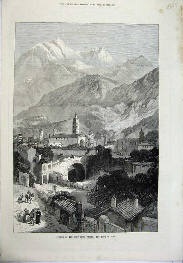 Original Old Antique Print 1871 Opening Mont Cenis Tunnel Railway Town Susa