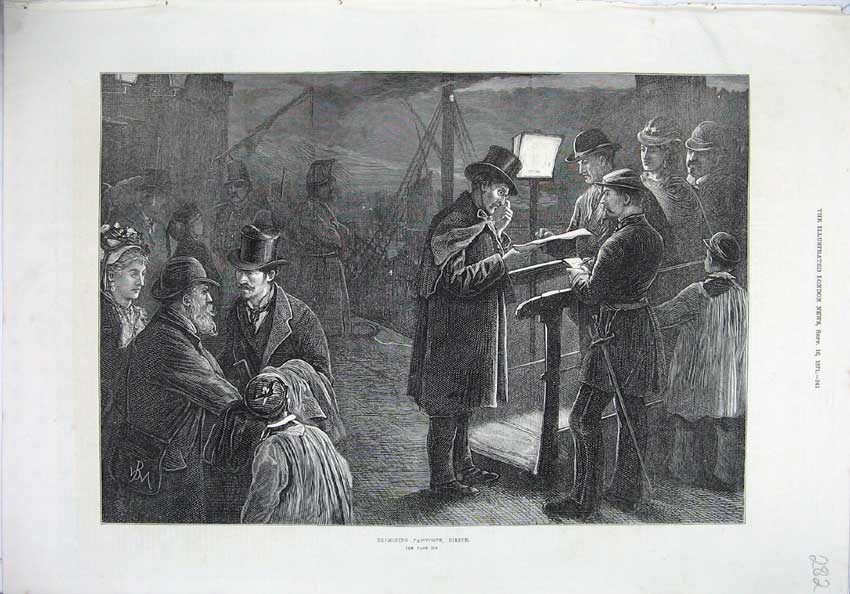 Old Antique Print 1871 Fine Art Examining Passports Dieppe France Ships 19th