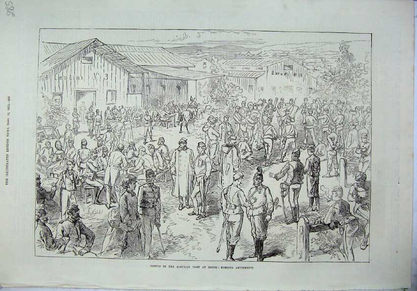 Original Old Antique Print War 1871 Austrian Camp Bruck Siers Army Amusements