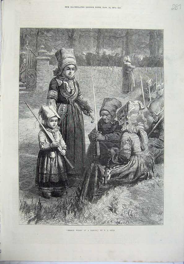 Original Old Antique Print 1871 Breton Women Pardon Children Costumes Skill