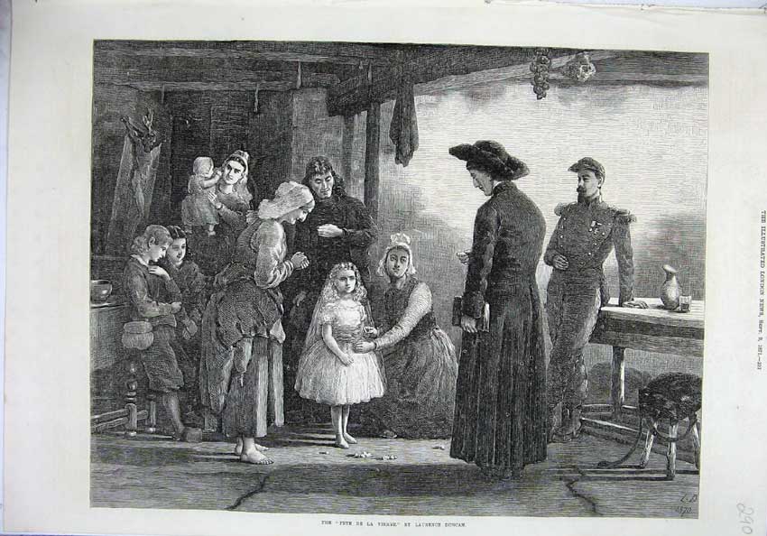 Original Old Antique Print 1871 Fine Art Fete La Vierge Families Woman Bible