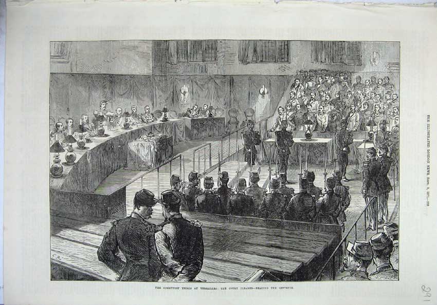 Original Old Antique Print 1871 Communist Trials Versailles France Court Army