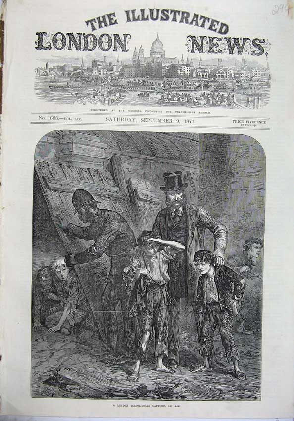 Old Antique Print 1871 London School Yard Children Teacher Policeman Art 19th