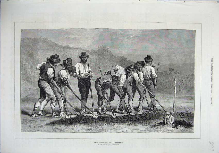 Original Old Antique Print 1871 Men Field Labourers Digging Country Victorian