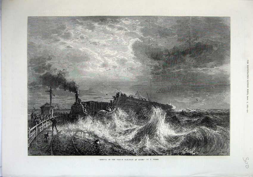 Old Antique Print 1871 Fine Art Arrival French Mail Boat Train Dover Sea 19th