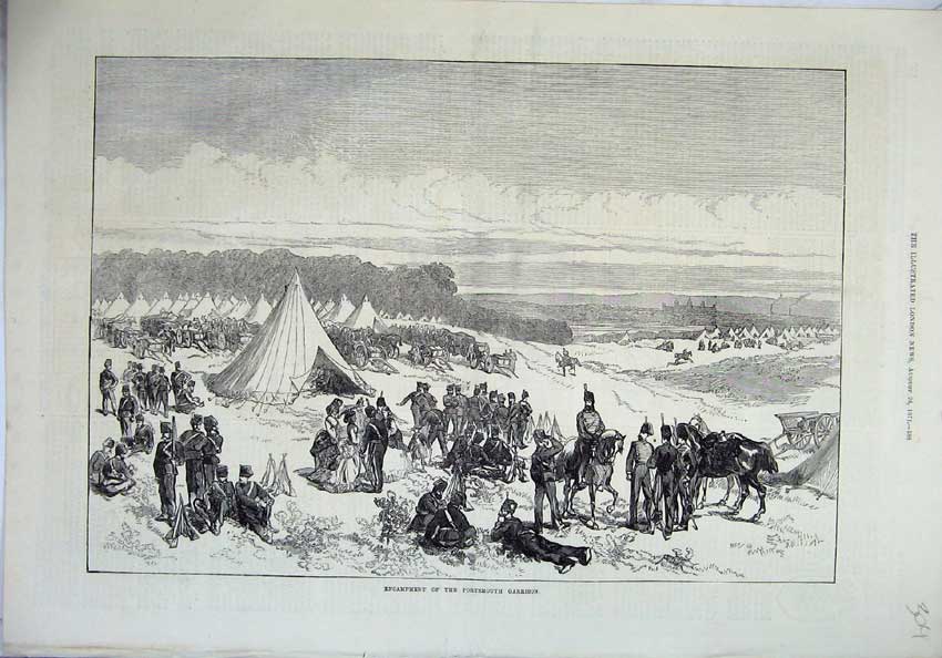 Original Old Antique Print 1871 Encampment Portsmouth Garrison War Army 19th