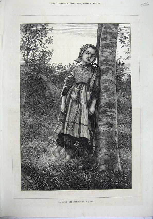 Original Old Antique Print 1871 Beautiful Breton Girl Costume Country Scene