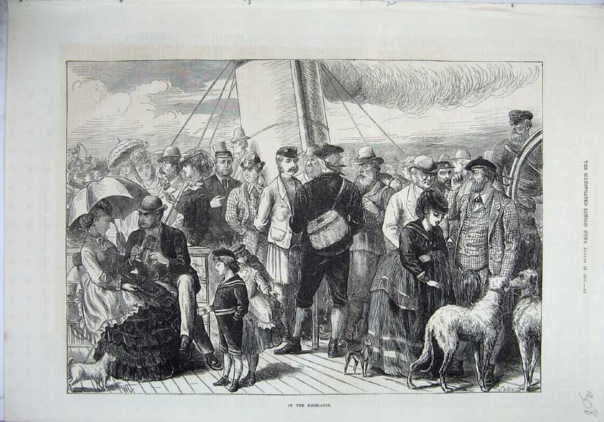 Original Old Antique Print 1871 Highlands Scotland Families Dogs Steam Ship