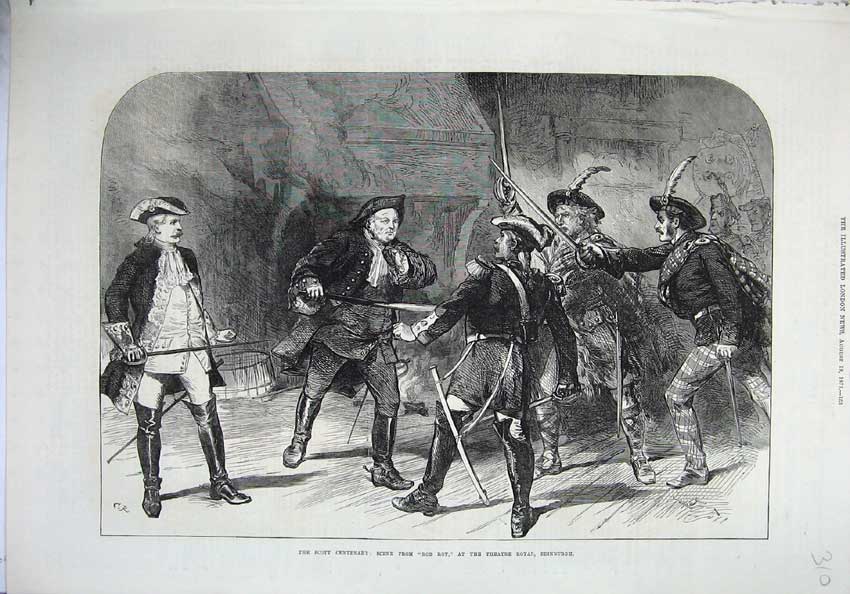 Original Old Antique Print 1871 Scott Centenary Roy Roy Theatre Royal Edinburgh