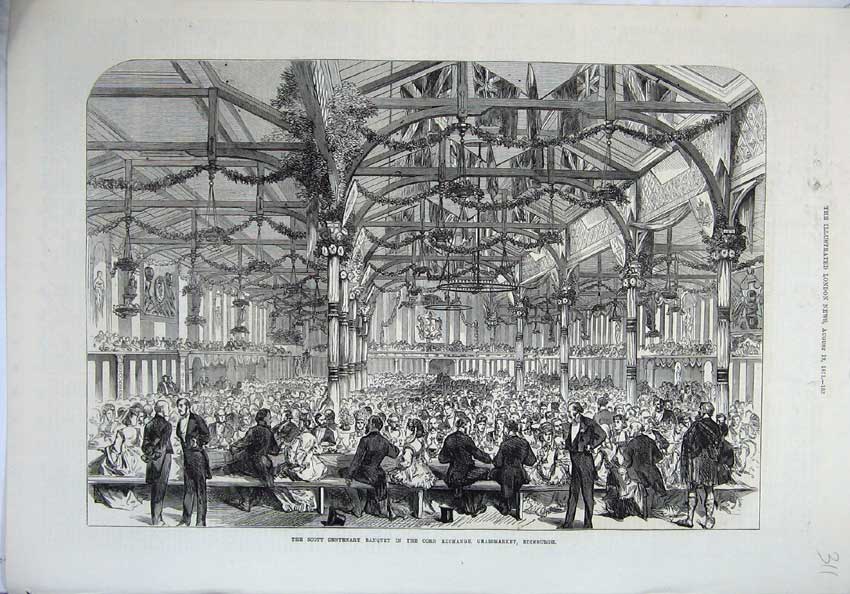 Old Antique Print 1871 Banquet Corn Exchange Grassmarket Edinburgh Scott 19th
