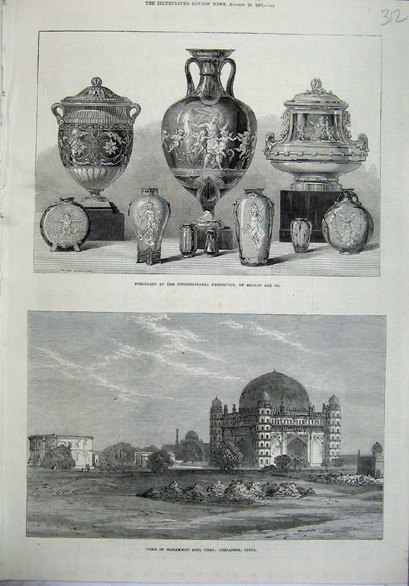 Original Old Antique Print Tomb Mahammes Ali Chah India 1871 Porcelain Minton