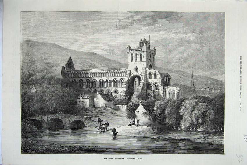 Old Antique Print 1871 Scott Centenary Fine Art Jedburgh Abbey Scotland 19th