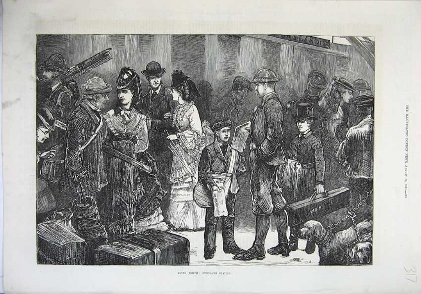Original Old Antique Print 1871 Fine Art Dunblane Railway Station Families 19th