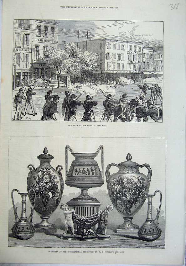 Original Old Antique Print 1871 Irish Orange Riots New York Porcelain Copeland