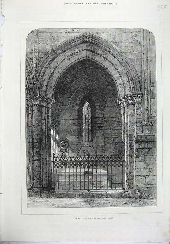 Old Antique Print Fine Art 1871 Grave Scott Dryburgh Abbey Scotland Read 19th