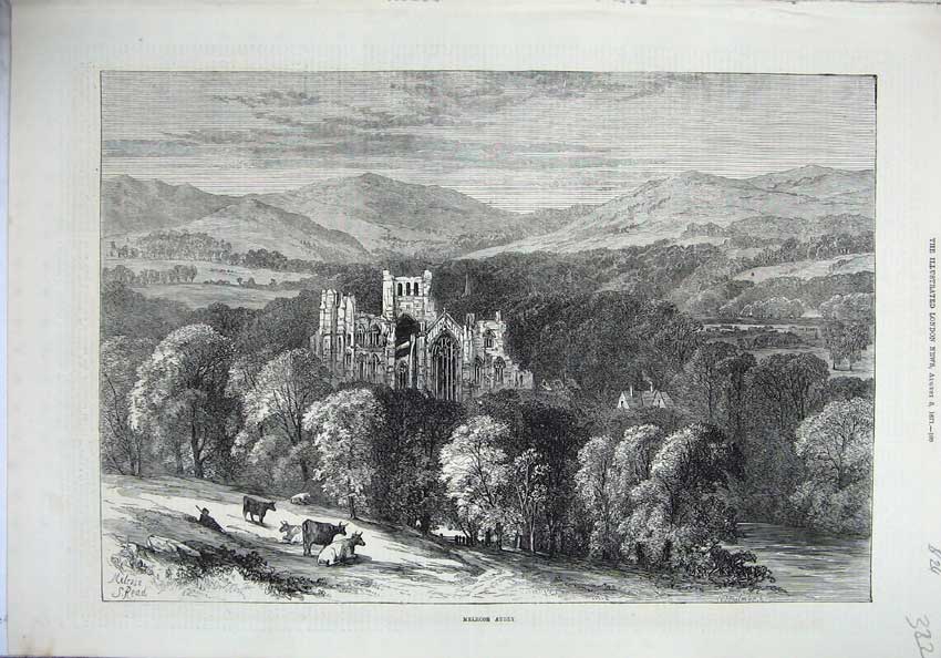 Old Antique Print 1871 Fine Art View Melrose Abbey Scotland Cows Mountain 19th