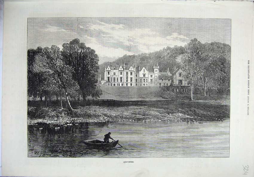 Original Old Antique Print 1871 Fine Art View Abbotsford House Melrose Scotland