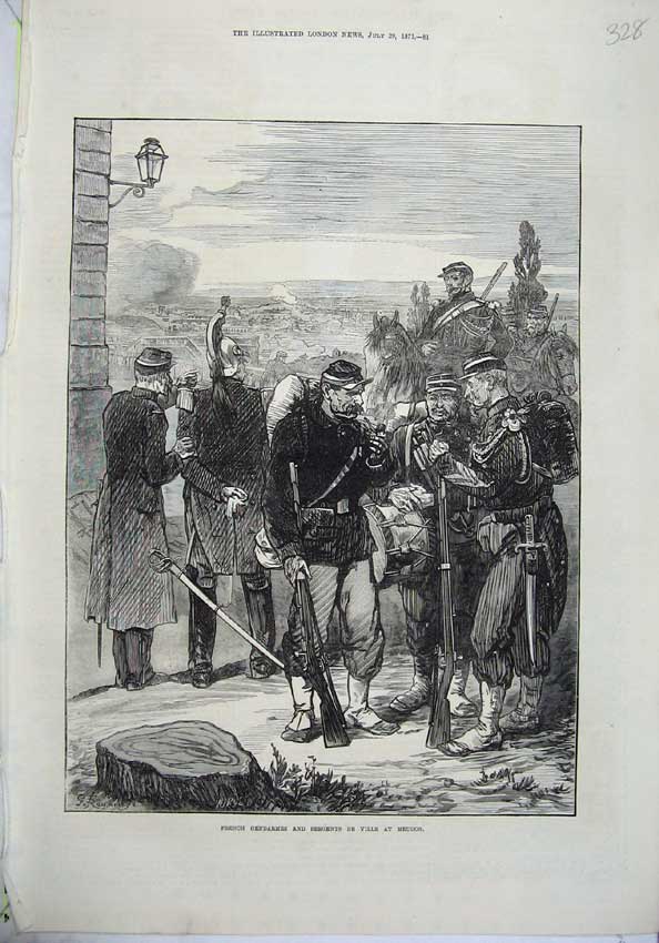 Old Antique Print 1871 French Gendarmes Sergeants Ville Meudon Army War 19th