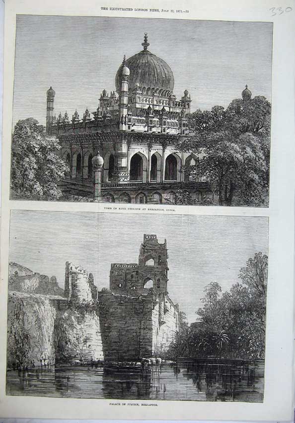 Old Antique Print Tomb King Ibrahim Beejapoor India 1871 Palace Justice 19th