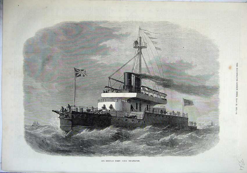 Original Old Antique Print 1871 Ironclad Fleet Ship H.M.S Devastation Sea 19th
