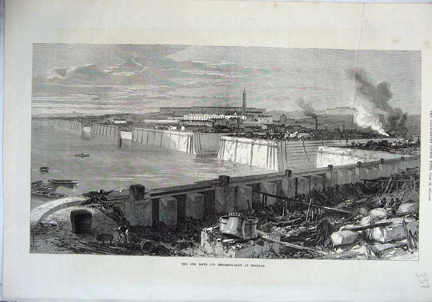 Old Antique Print 1871 New Docks Repairing-Basin Chatham Boats Fine Art 19th