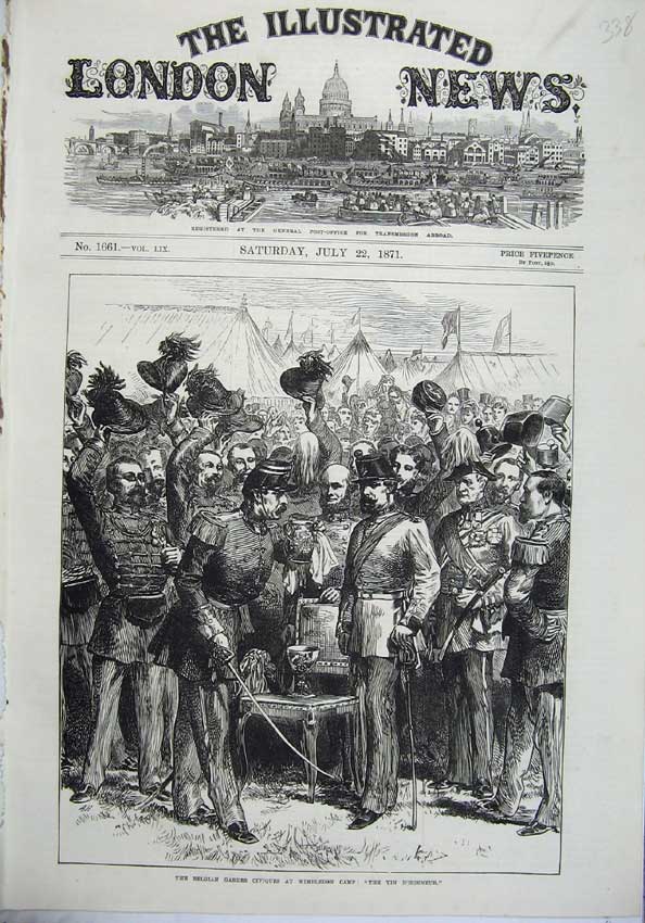 Original Old Antique Print 1871 Belgian Gardes Civiques Wimbledon Camp Army War