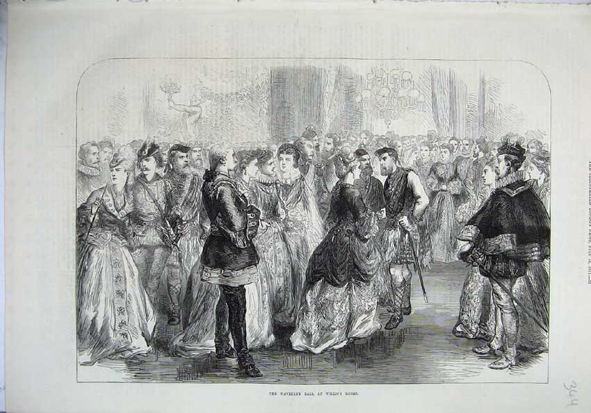 Original Old Antique Print 1871 Waverley Ball Willis'S Rooms Men Women Dancing