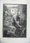 Old Antique Print 1871 Fine Art Harvest War Man Water Well Flowers Lady 19th