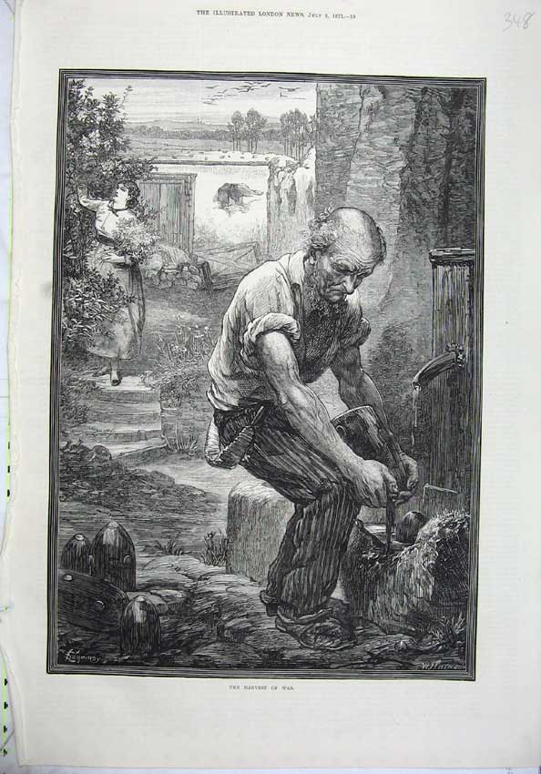 Old Antique Print 1871 Fine Art Harvest War Man Water Well Flowers Lady 19th