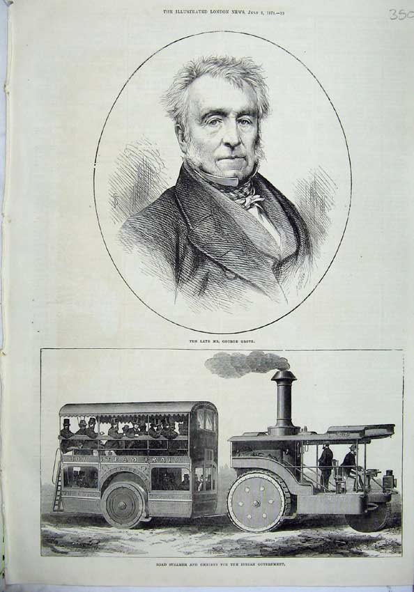Old Antique Print 1871Road Steamer Omnibus Indian Government George Grote 19th