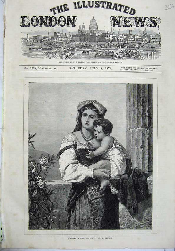 Original Old Antique Print 1871 Fine Art Italian Mother Child Baby Sauchon 19th