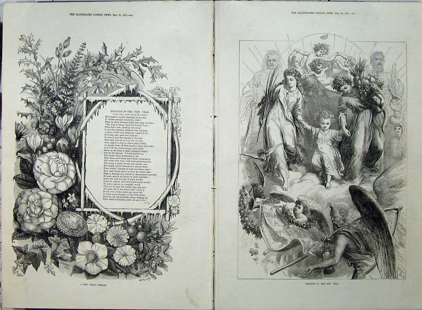 Original Old Antique Print 1871 New Years Wreath Poem Flowers AngelsVictorian