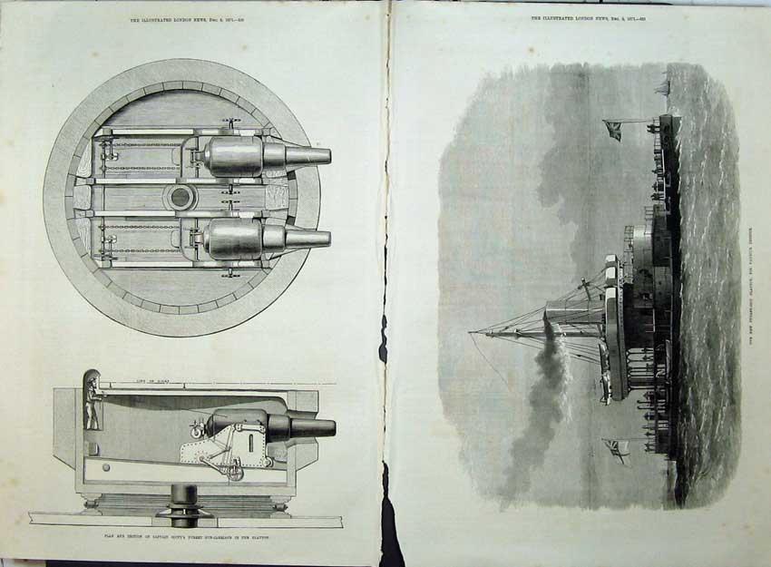 Antique Old Print 1871 Map Captain Scott Turret Gun-Carriage Glatton Ship 19th