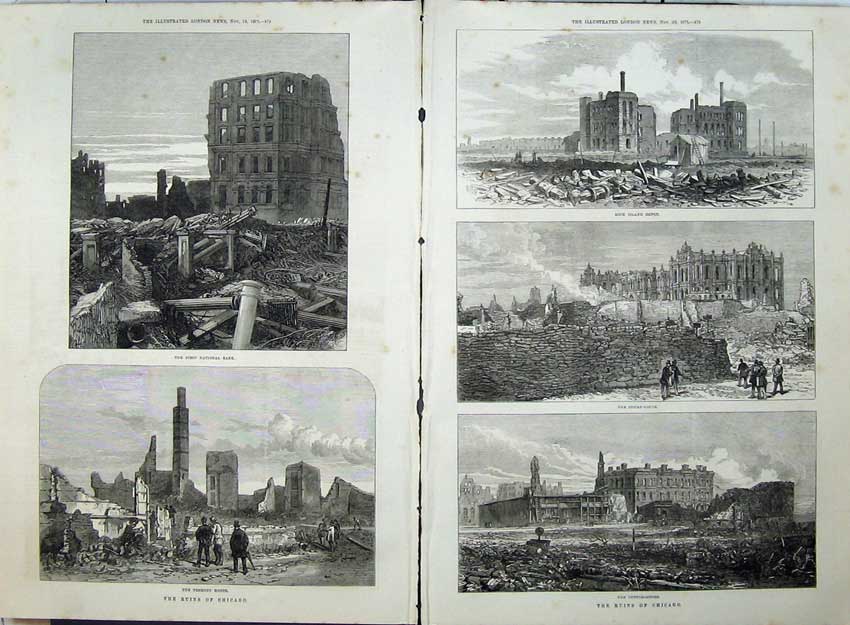 Antique Old Print 1871 Chicago Bank Tremont Custom Court House Rock Depot 19th