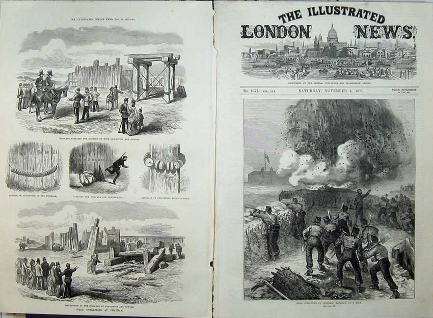 Original Old Antique Print Siege Chatham 1871 Explosion Mine Stockade Fine Art