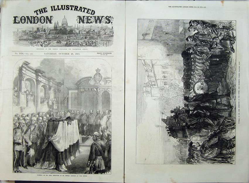 Original Old Antique Print 1871 Funeral John Burgoyne Peter'S Church Army Gate